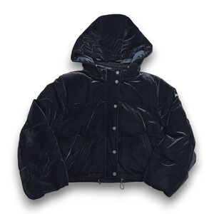 Alo Yoga Velvet Puffer‎ Jacket Hooded Black Quilted Snap Front Womens Cozy Sz M